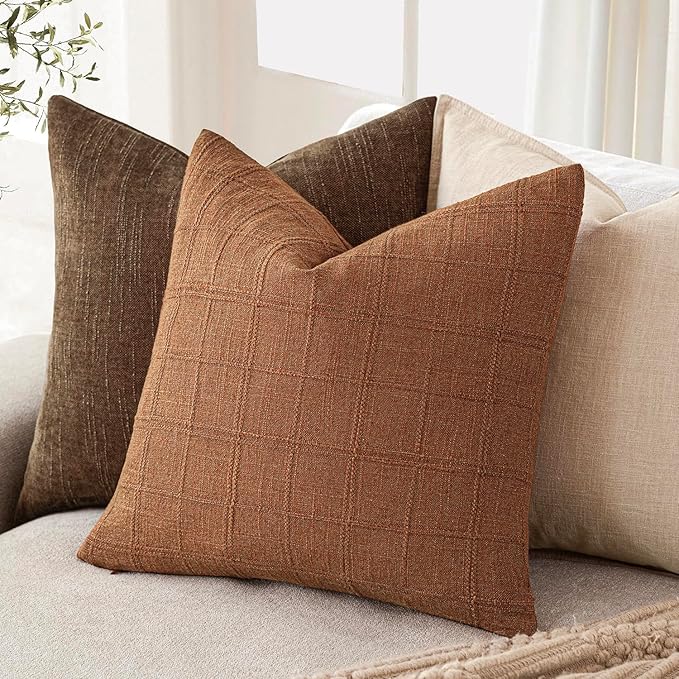 Foindtower Set of 2 Decorative Linen Check Throw Pillow Covers Neutral Farmhouse Vintage Cushion Covers Modern Boho Home Decor for Sofa Chair Couch Bedroom Living Room,20×20 Inch,Orange