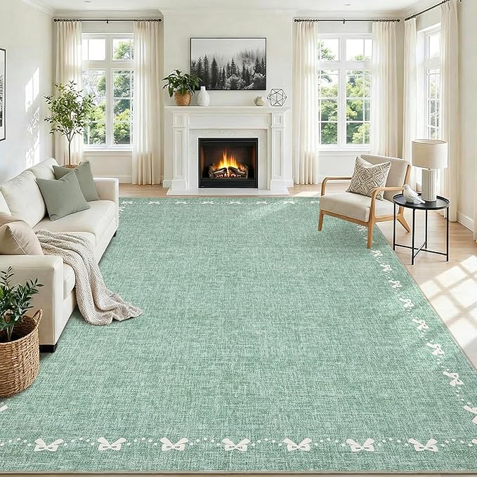 GarveeHome Bow Washable 8 x 10 Rug for Living Room Green 8x10 Playroom Rug Non Slip Soft Bedroom Rugs Low Pile Large Area Rug Stain Resistant Carpet for Nursery Dining Room, Green 8'x10'