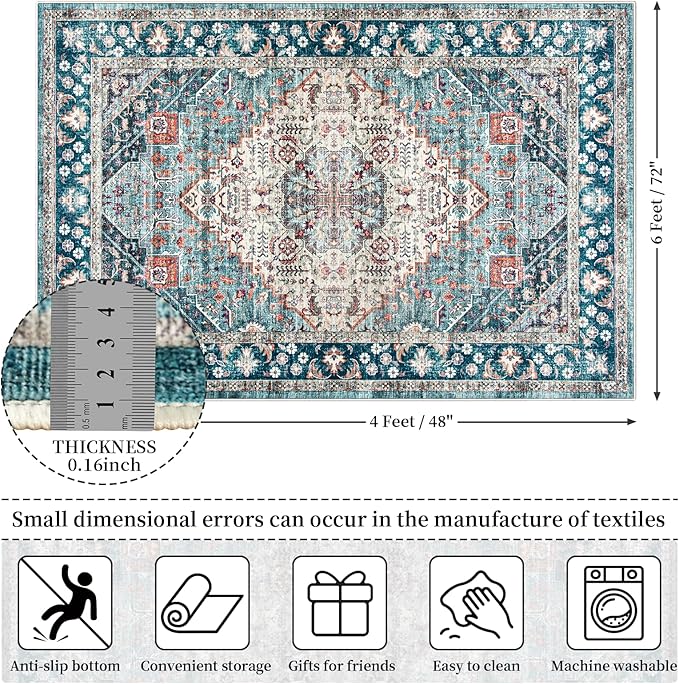 Amearea Vintage Design Blue Area Rugs for Living Room, 4x6 Machine Washable Floral Collection Traditional Bedroom Rug, Low Pile Dinning Room Carpet, No Slip Office Kitchen Home Decor, Light Blue