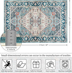 Amearea Vintage Design Blue Area Rugs for Living Room, 4x6 Machine Washable Floral Collection Traditional Bedroom Rug, Low Pile Dinning Room Carpet, No Slip Office Kitchen Home Decor, Light Blue