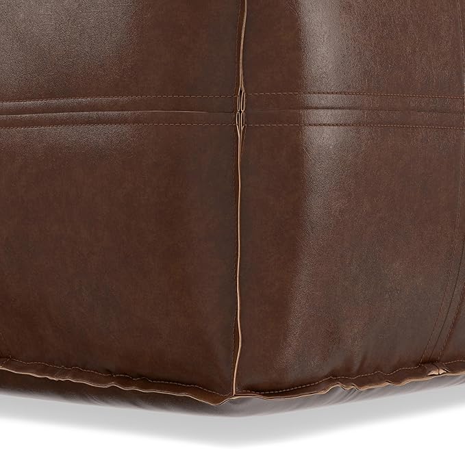 SIMPLIHOME Brody Square Pouf - 18 inch Wide Upholstered Vegan Leather Ottoman in Distressed Dark Brown, Boho Footstool, Coffee Table or Extra Seating for Living Room or Bedroom, Assembled