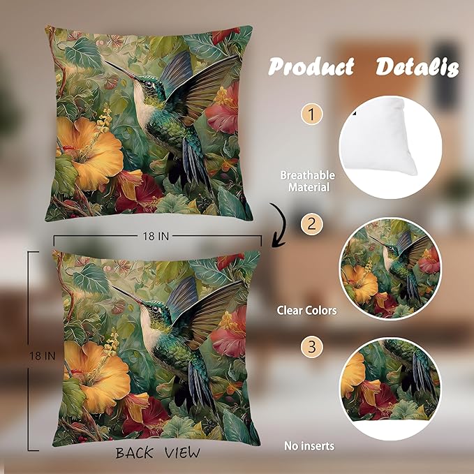 Vintage William Morris Green Hummingbird Pillow Cover 18x18 Double-Sided,Rustic Green Hummingbird Bird Animal Floral Botanical Print Decorative Throw Pillow Covers for Home Bedroom Living Room