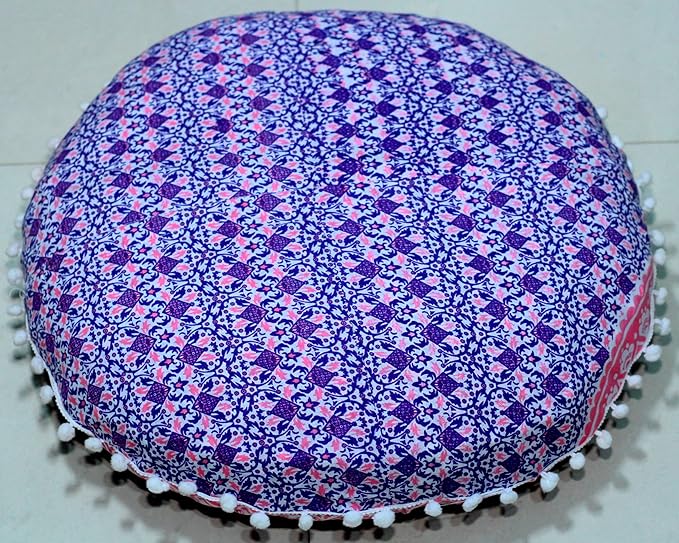 Round Mandala Floor Pillow Cover Seating Cushion Throw Ottoman Pouf Cover Pom Pom Pillow Cases Hippie Decorative Bohemian Boho Indian 22 Inches (Pink White)