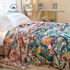 Boho Throw Blanket - 100% Cotton Ultra Soft Muslin Spring Blanket, 60"x80" Lightweight Floral Bird Framhouse Bedding Blanket for Bed, All Season Blue Bohemian Bedroom Home Decor Quilt