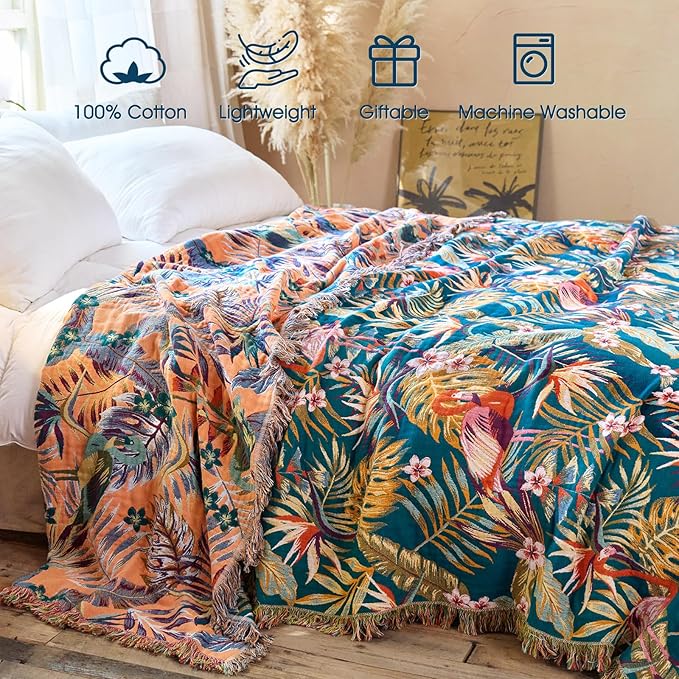 Boho Throw Blanket - 100% Cotton Ultra Soft Muslin Spring Blanket, 50"x60" Lightweight Floral Bird Framhouse Bedding Blanket for Bed, All Season Blue Bohemian Bedroom Home Decor Quilt