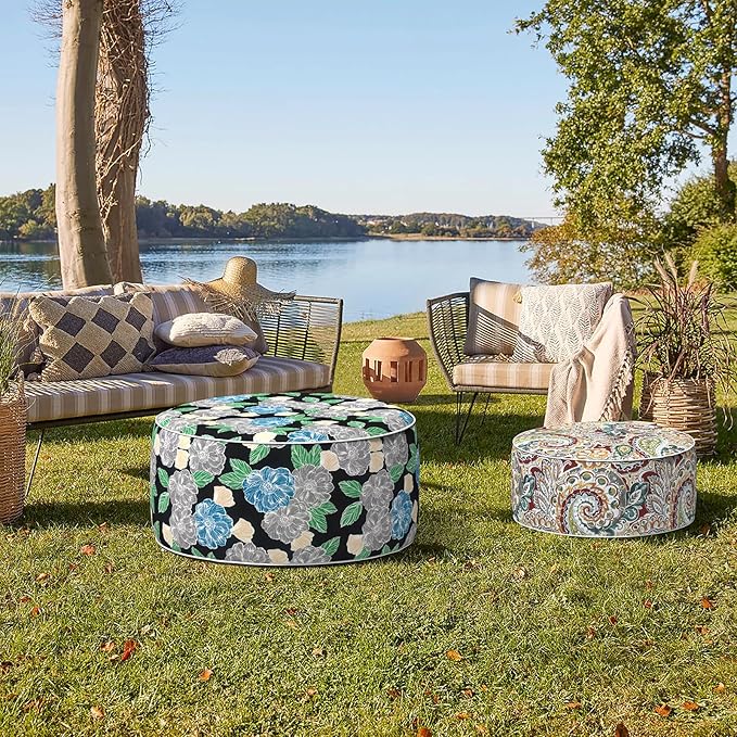 Indoor/Outdoor Inflatable Ottoman with Handle, Decorative Fade-Resistant Round Footstool D21 x H9 inch, Portable Ottoman Pouf for Patio Garden Camping, Paisley Chilli