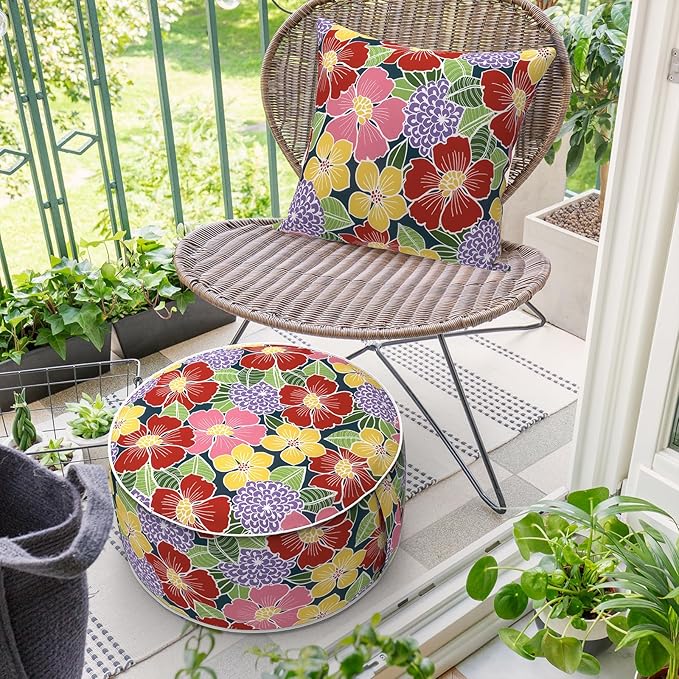 Inflatable Ottoman Stool D21 xH9 for Outdoor/Indoor Use, Water Repellent Patio Foot Rest with Portable Handle,Round Pouf Ottoman Suitable for Garden,Deck and Camping-Flower Bloom