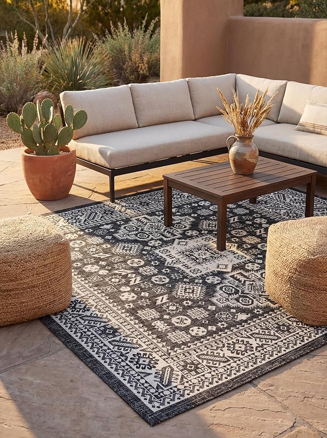 Rugs.com Outdoor Aztec Collection Rug – 6 Ft Square Charcoal Gray Flatweave-Pile Rug Perfect for Living Rooms, Kitchens, Entryways