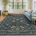 Dark Blue and Green Washable 8x10 Area Rugs for Living Room - Soft Non Slip Botanical Rug for Dining Room Under Table, Bedroom Under Bed, Vintage Large Carpet Decor Stain Resistant