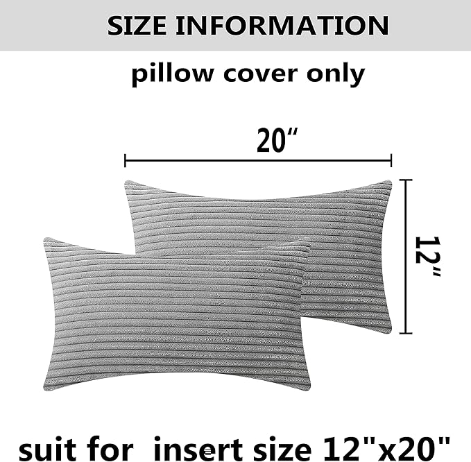 Home Brilliant 12x20 Lumbar Pillow Covers Set of 2 Plush Velvet Corduroy Striped Rectangular Throw Pillow Cover Gray Pillow Case for Kid's Room Lumbar Suppport Pillows, 12 x 20 inch, Light Grey