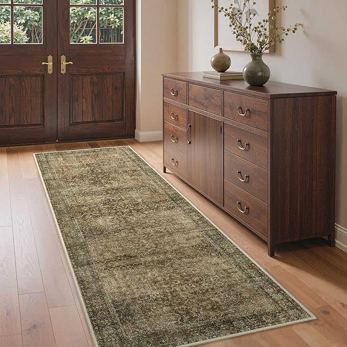 Bavni 2X6 Rug Runners for Hallways, Washable Runner Rug Non Slip, Vintage Floral Print Style Rugs for Bedroom-Lightweight Low Pile Carpet for Kitchen Bathroom,Green