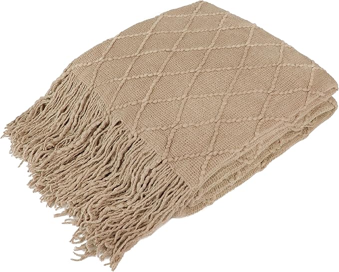 PAVILIA Tan Taupe Knit Throw Blanket for Couch Bed, Soft Knitted Farmhouse Sofa Throw for Living Room, Lightweight Decorative Fall Throw Blanket for Chair, Outdoor Textured Boho Blanket, 50x60
