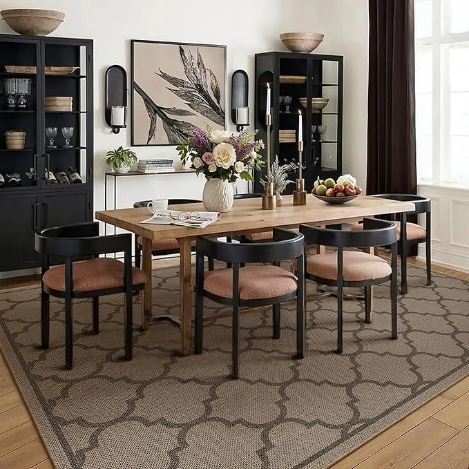 5x7 Geometric Figure Easy Jute Area Rug for Living Room Scalloped Washable Indoor Outdoor Carpet Farmhouse Patio Office Mat Geometric Non Slip Black Carpet for Backyard Dining Room