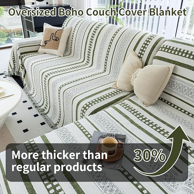 Striped Couch Cover Blankets, Boho Couch Covers, Sofa Blanket Cover for Dogs, Large Couch Covers for Loveseat Sofa, Chenille Sofas Covers Washable Sectional(1pc/Green/71 x 118")