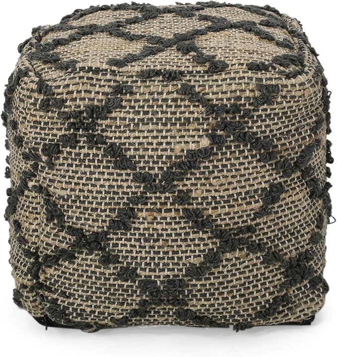 GDFStudio Boho Handmade Fabric Cube Pouf Ottoman Foot Stool - Bean Bag Floor Chair - Foot Rest Couch for Living Room Bedroom,Charcoal,16"" x 16"" x 16"", Cimarro,charcoal, 313838N