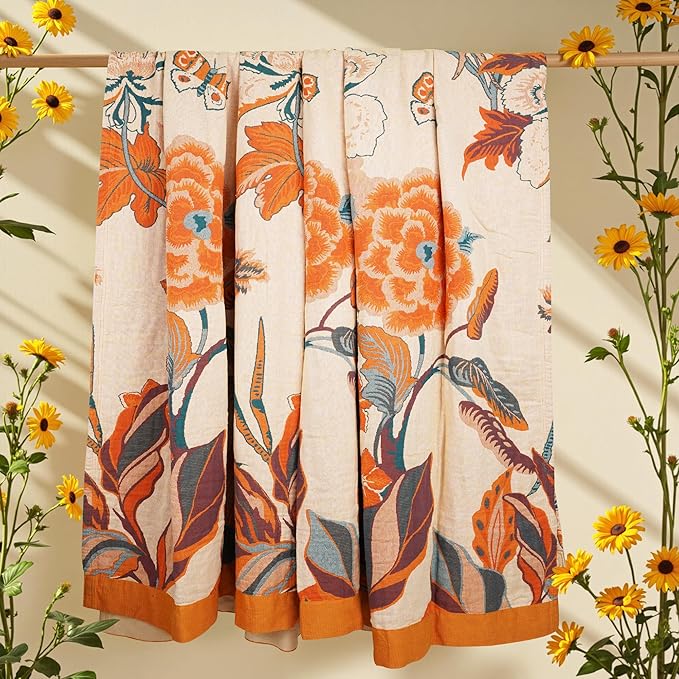 Boho Large Throw Blanket, 100% Organic Cotton Breathable Soft Bed Throw - Floral Bird Farmhouse Decor Blanket for Sofa Couch Chair Quilt and Gift. 91" x 98"- Beige