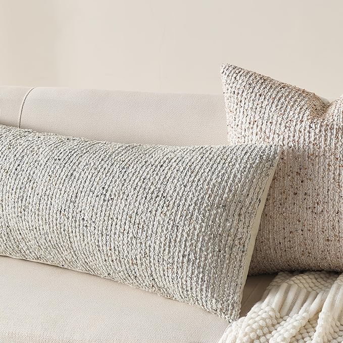Decorative Lumbar Pillow Cover 14x36 Beige Striped Wool Long Body Pillow Neutral Textured Boho Lumbar Throw Pillow Cushion Covers for Modern Farmhouse Sofa Bed Living Room Decor SY011-A14