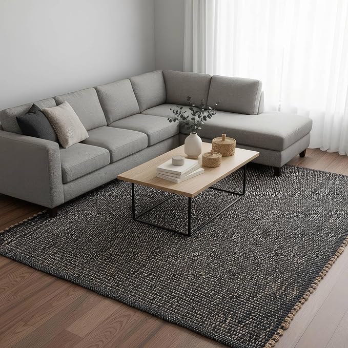 Charcoal Gray 6x9 Cotton Jute Rug Braided Construction - Farmhouse Woven Carpet - Mid-Century Modern Floor Covering for Bedroom Living Room, 6' x 9'