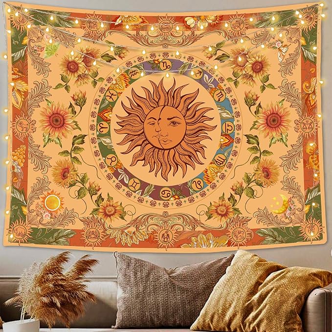 Accnicc Yellow Sun and Moon Tapestry Vintage Indie Boho Tapestry Wall Hanging with Sunflowers Butterfly Moth Constellation Aesthetic Wall Tapestries for Bedroom Dorm Living Room (Orange, 60'' × 50'')