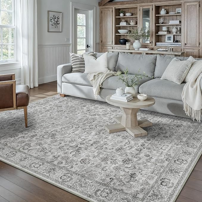 HUGEAR Grey Area Rug 5x7 Machine Washable Living Room Rugs Distressed Neutral Vintage Floral Low Pile Carpet Bedroom Office Dining Room Laundry Room Non Slip Soft Lightweight