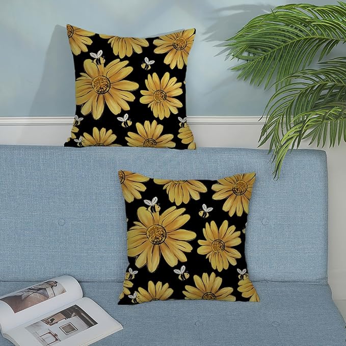 Summer Pillow Covers 18x18 Inch Set of 2 Black Background Yellow Sunflowers Bee Pillow Covers Spring Outdoor Pillow Cases Linen Farmhouse Seasonal Cushion Covers Decor for Living Room Bedroom