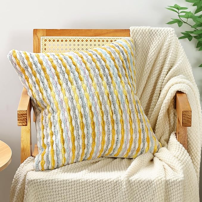 Boho Chenille Striped Pillow Cover 18x18 Inch, Decorative Pillow Cover for Couch Bed Sofa Living Room Bedroom Farmhouse Modern Home Decor Accent Pillowcases Set of 1, Yellow White