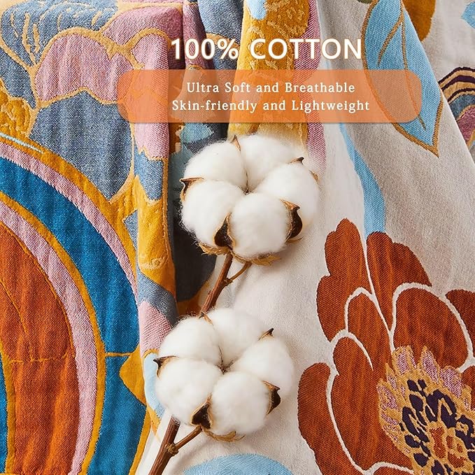 Boho Blanket Soft Muslin BohoThrow Blanket, 100% Cotton Floral Printed Farmhouse Decor All Season Reversible Rustic Throw for Sofa Couch Chair (50"x60")
