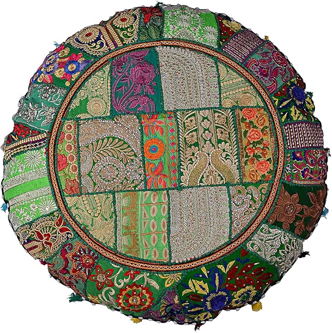 Indian Handmade Patchwork Codework Green Round Pouf Cover Ottoman Floor Pillow Cushion Seating Throw Decorative Pom Pom Pillow Cases Boho 32 Inches