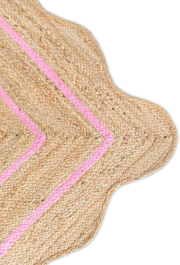 Wave Scalloped Natural Jute Rug Boho Jute Rug Entryway Runner Rug Farmhouse Scallop Rug, Light Pink (2'6"x12')