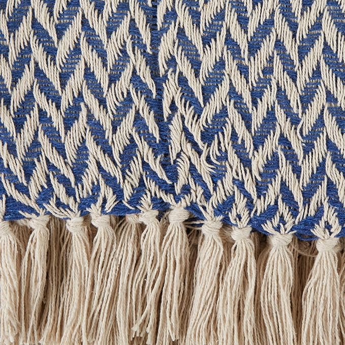 DII Modern Zig Zag Throw Blanket Woven Cotton, Hand-Knotted 2.5" Fringe, 50x60, French Blue