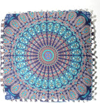 CRAFT KALA Blue Peacock Large Hippie Mandala Meditation Floor Ottoman Pillow Cushion Pouf Cover Square Poufs Bohemian Circle Floor Cushion Case Outdoor Fireplace Living Room Decor Cover 18" Square