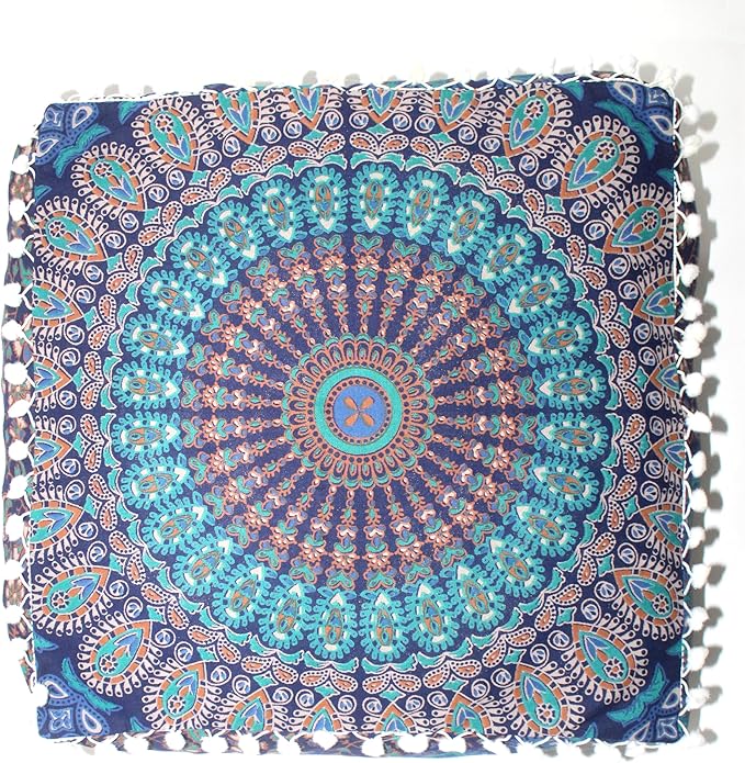 CRAFT KALA Blue Peacock Large Hippie Mandala Meditation Floor Ottoman Pillow Cushion Pouf Cover Square Poufs Bohemian Circle Floor Cushion Case Outdoor Fireplace Living Room Decor Cover 16" Square