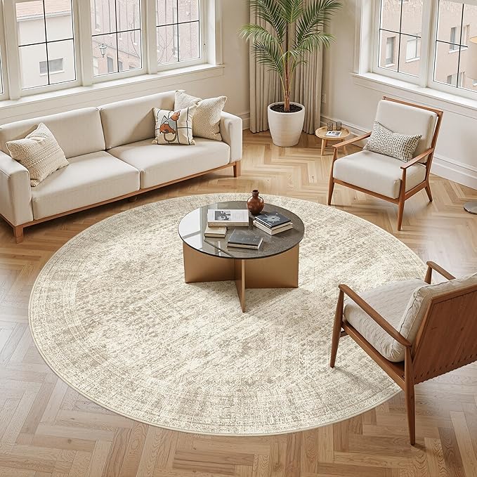 9x9 Beige Round Rug 9ft Living Room Circle Rug Vintage Round Area Rug Non Slip Indoor Carpet for Apartment