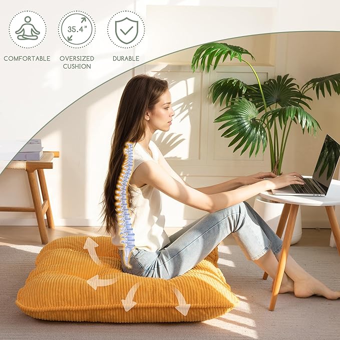35" Washable Floor Pillow Cushion for Adults, Meditation Cushion Pillow, Extra Large Square Floor Sitting, Removable Tufted Corduroy Cover, for Tatami Living Room or Yoga, Orange, Machine Washable