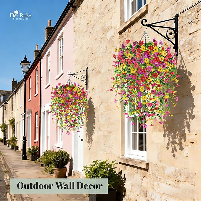 Der Rose 2Pcs Artificial Hanging Flower Basket for Outdoors Fake Hanging Flowers Plants with 4 Faux Silk Trailing Vines for Porch Patio Balcony Spring Decor