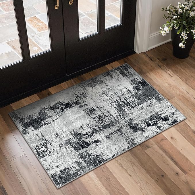 GENIMO 2x3 Rugs for Entryway Entrance, Modern Machine Washable Rug Ultra Soft Indoor Area Rugs 2x3 for Bedroom Kitchen Bathroom, Lightweight Low Pile Carpet with Non Slip Backing, Black White