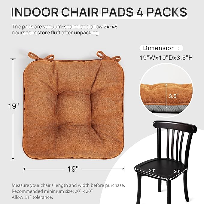 Love's cabin Memory Foam Chair Cushions Set of 4, 19"x19"x3.5" Indoor & Outdoor Seat Pads for Dining, Kitchen, Office, Patio Chairs - Terracotta
