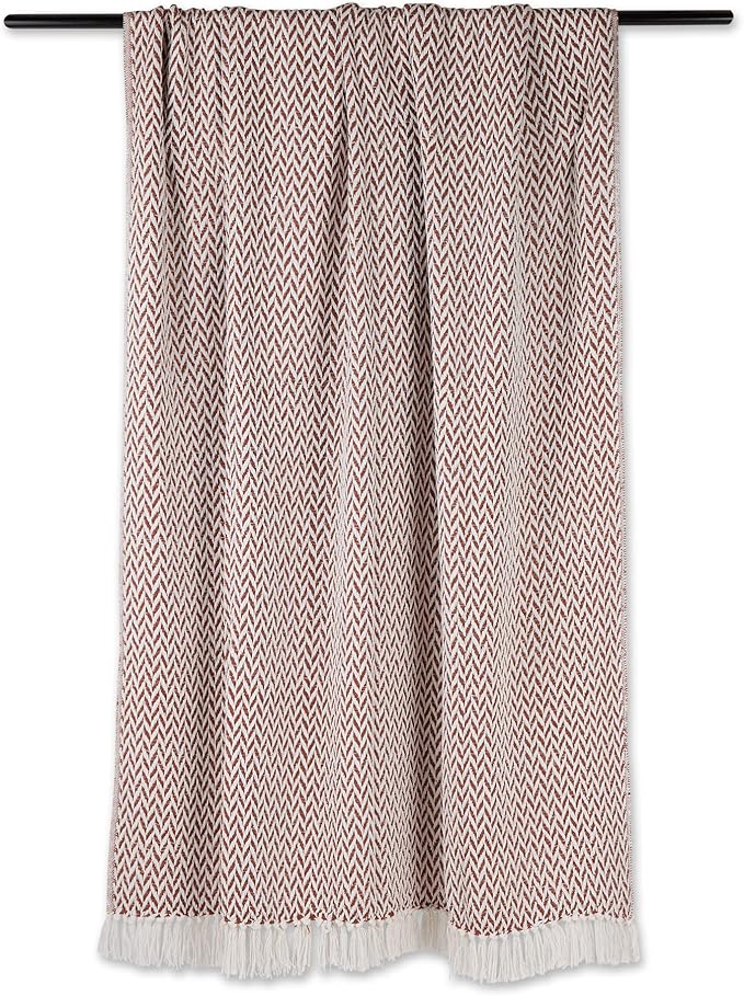 DII Modern Zig Zag Throw Blanket Woven Cotton, Hand-Knotted 2.5" Fringe, 50x60, Cinnamon