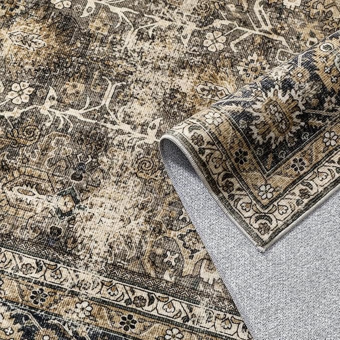 Brown Runner Rug 2'6"x14' Vintage Area Carpet Hallway Long Indoor Kitchen Washable Living Room Low Pile Traditional Distressed Retro Accent Rug Non Slip Laundry Bathroom Office Dining Room