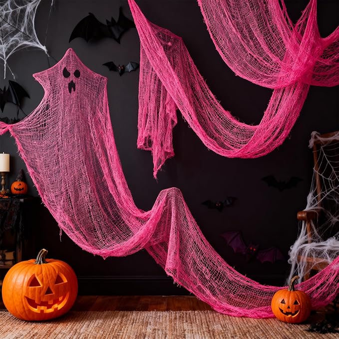 Set of 5 Pink Halloween Gauze Decor, Indoor Outdoor Pink Gauze Tapestry Decor, Halloween Spooky Decorations for Home Table Wall Yard Haunted House Party Supplies, 72 x 30 inch