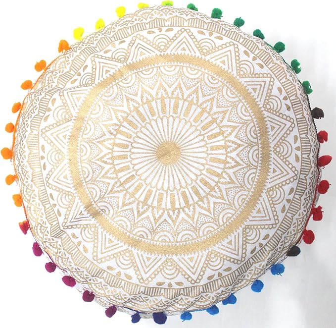 CRAFT KALA Gold Large Hippie Mandala Meditation Floor Ottoman Pillow Cushion Pouf Cover Square Poufs Bohemian Circle Floor Cushion Case Outdoor Fireplace Yoga Living Room Decor Cover 24" Round