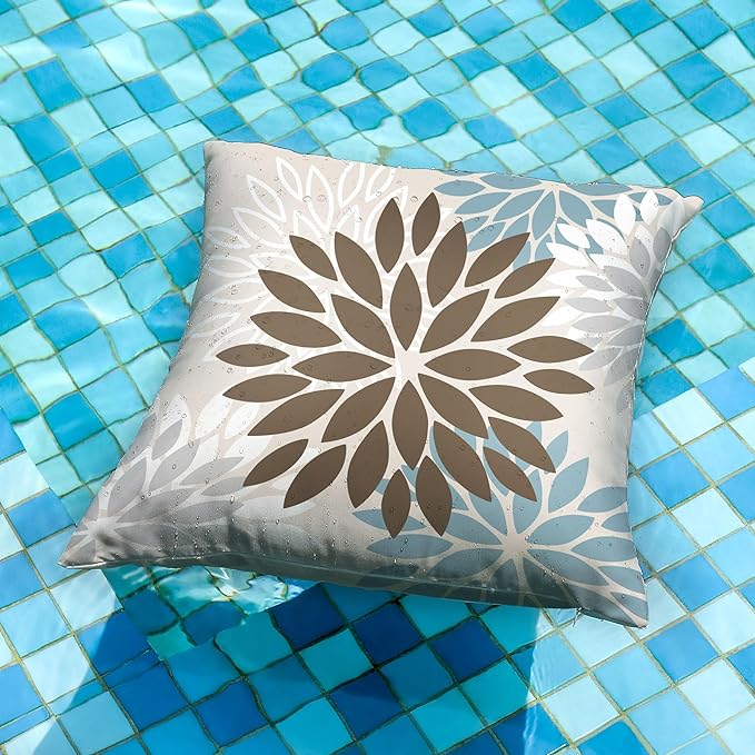 DFXSZ Brown Blue Flower Pillow Covers 16x16 Inch Set of 2 Summer Outdoor Waterproof Decor for Home Patio Funiture Garden Living Room Cushion Cover 002F16