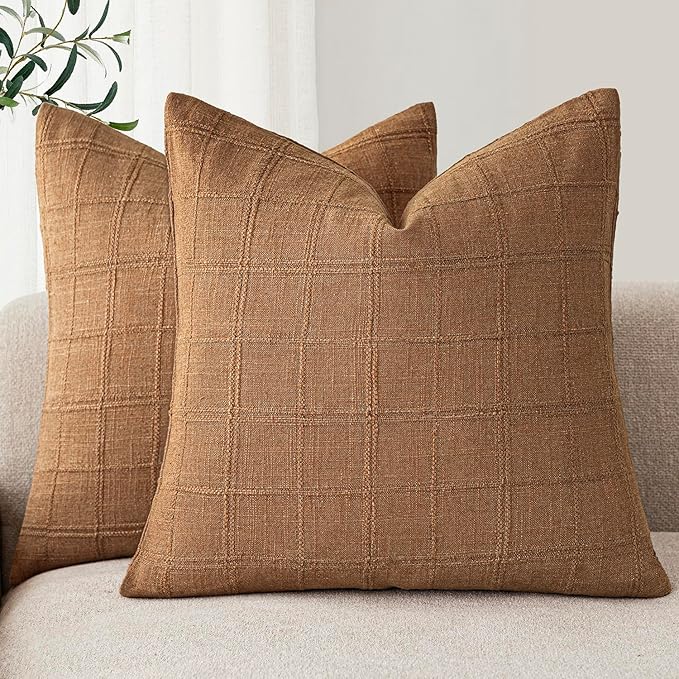 Foindtower Set of 2 Decorative Linen Check Throw Pillow Covers Neutral Farmhouse Vintage Cushion Covers Modern Boho Home Decor for Sofa Chair Couch Bedroom Living Room,26×26 Inch,Brick