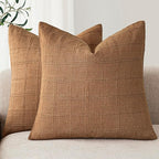 Foindtower Set of 2 Decorative Linen Check Throw Pillow Covers Neutral Farmhouse Vintage Cushion Covers Modern Boho Home Decor for Sofa Chair Couch Bedroom Living Room,20×20 Inch,Brick