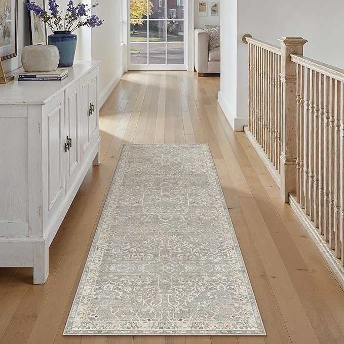 HUGEAR 2x6 Runner Rug Hallway Retro Grey Machine Washable Vintage Floral Low Pile Carpet Vacuumable Distressed Long Throw Rug Bedroom Office Bathroom Kitchen Laundry Non Slip Soft Lightweight