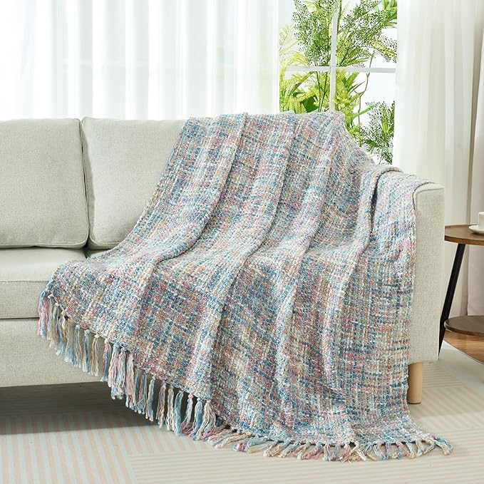 Multi-Color Pink Blue Cable Woven Throw Blanket for Couch,60"X80" Boho Style Textured Blankets for Home Decor,Super Soft Warm Cozy Chunky Blanket with Decorative Tassels for Bed