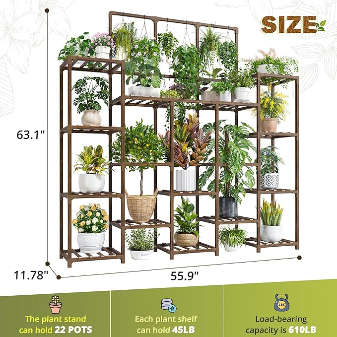 EnHomee Plant Stand Indoor Tall Plant Stand Outdoor Large Wood Plants Shelf with 18-22 Pots for Patio, Living Room, Garden, Balcony, 55.9" Wx63.1 Hx11.78 D