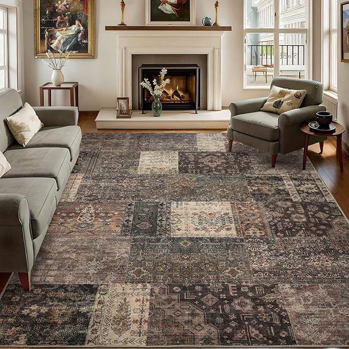 Vintage Washable Area Rug for Living Room,Low Pile 9x12 Non Slip Carpet Non-Shedding Area Rug Soft Indoor Stain Resistant Rug Floral Print Mat for Bedroom Dining Room 084-Brown