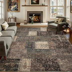 Vintage Washable Area Rug for Living Room,Low Pile 9x12 Non Slip Carpet Non-Shedding Area Rug Soft Indoor Stain Resistant Rug Floral Print Mat for Bedroom Dining Room 084-Brown