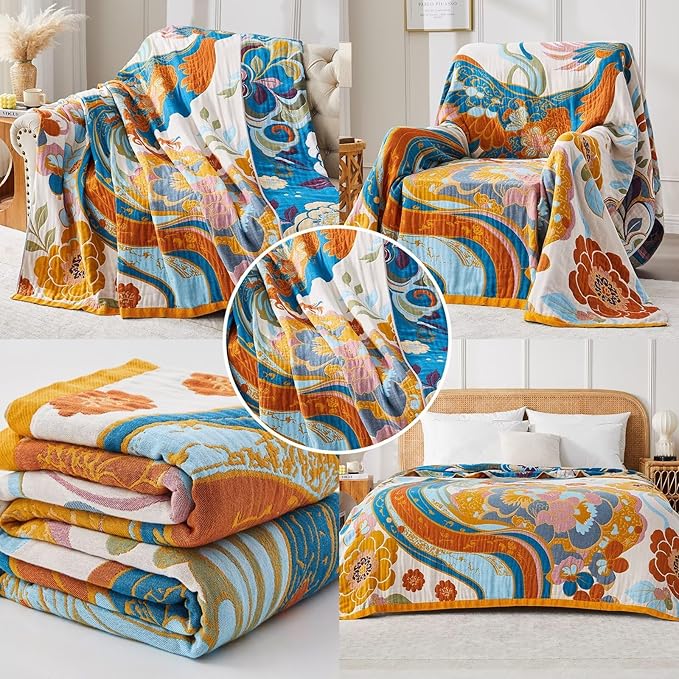 Boho Blanket Soft Muslin BohoThrow Blanket, 100% Cotton Floral Printed Farmhouse Decor All Season Reversible Rustic Throw for Sofa Couch Chair (80"x90")